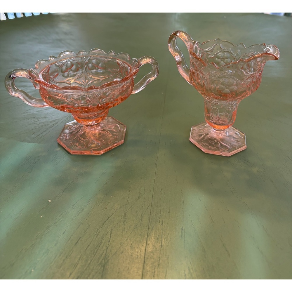VINTAGE MCKEE ROCK CRYSTAL PINK DEPRESSION GLASS CREAM & SUGAR W/ LID RARE